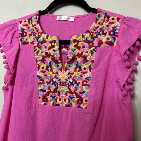 Hot Pink Baby Doll Ruffle Sleeve Embroidered Dress Size S - Picture 9 of 9